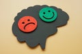 Bipolar disorder concept. Brain shape with happy and sad emoticons. Royalty Free Stock Photo