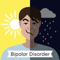 Bipolar disorder concept. Young man with double face expression and mental health weather concept. Royalty Free Stock Photo