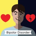 Bipolar disorder concept. Young man with double face expression and red heart. Royalty Free Stock Photo