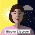 Bipolar disorder concept. Young woman with double face expression and mental health weather concept. Royalty Free Stock Photo
