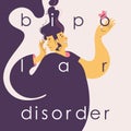 Bipolar disorder lettering concept illustration. Happy and depressed woman with two faces. Character with mental problems Royalty Free Stock Photo
