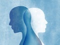 Bipolar disorder mind mental. Split personality. Mood disorder. Dual personality concept. Silhouette on blue background