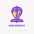 Bipolar disorder, mood instability thin line icon. One half of face is happy, other is crying. Modern vector illustration