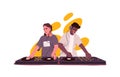 Biracial DJ duet mixing audio tracks at electronic controller. Happy men in headphones playing electro dance music at