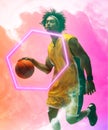 Biracial male player running and dribbling basketball by hexagon over smoky background