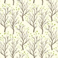 Birch or aspen brown trees in spring with small green leaves pastel colored seamless pattern, vector