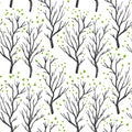 Birch or aspen brown trees in spring with small green leaves on white seamless pattern, vector