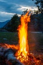 Birch firewood fire. Camping in the mountains at sunset Royalty Free Stock Photo