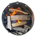 Birch firewood and logs burn in a steel barrel.