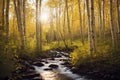 Birch forest and mountain creek, tranquil forest landscape in spring, generative ai