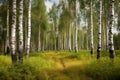 birch forest in sunlight in the morning, natural landscape background. Generative AI Royalty Free Stock Photo