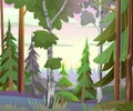 Birch in a pine forest. Beautiful scene in nature. Nice summer landscape in the morning or in the evening. Illustration Royalty Free Stock Photo