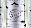 Birch tree with carved hearts and place for text