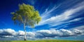 Birch tree on green meadow under blue sky with white clouds AI Generated Royalty Free Stock Photo