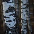 Birch Tree Grove Trunks Bark Closeup Background, Large Detailed Vertical Birches March Landscape Scene, Rural Early Spring Season Royalty Free Stock Photo