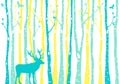 Birch trees forest with reindeer, vector