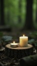 birch wood candle holder with tea lights in the forest, birch tree, tea light candles Royalty Free Stock Photo