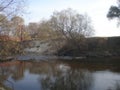 Trees and water in the foreground, forest in background, autumn, tree shadows Royalty Free Stock Photo