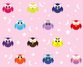 Multi-colored owls with stars on pink background