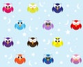 Multi-colored owls with stars on blue background