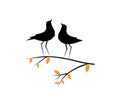 Birds couple silhouette on branch, vector. Birds in love, illustration. Wall decals, artwork, Wall art. Two birds on tree Royalty Free Stock Photo