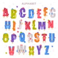 Bird alphabet capital letters. Bright colorful letters with eyes, beaks and wings cute cartoon vector illustration Royalty Free Stock Photo