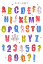 Bird alphabet letters and numbers. Bright colorful letters and numerals with eyes, beaks and wings cute cartoon vector