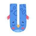 Bird alphabet U capital letter. Blue vowel letter with eyes, beak and wings cute cartoon vector illustration