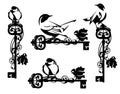 bird and antique skeleton key with rose flower black and white vector design set