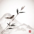 Bird, bamboo branch and mountain Fujiyama Royalty Free Stock Photo