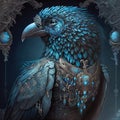 Bird baroque art style, dark blue ornate digital illustration, decorative painting, close-up