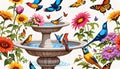 Bird bath fountain birds butterflies drinking feeding flower nectar