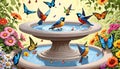 Bird bath fountain birds butterflies drinking flowers