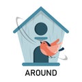 Bird and birdhouse, learning preposition vector isolated