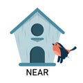 Bird and birdhouse, learning preposition vector isolated Royalty Free Stock Photo