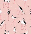 Bird Black necked Stilt Seamless pattern. Vector wetland animal illustration on pink background