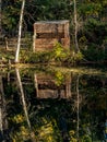 Bird blind in a local part with pond reflection Royalty Free Stock Photo