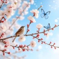 bird on a blooming apple tree branch, bright colors of nature, delicate apple tree flowers, spring Awakening, Royalty Free Stock Photo