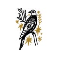 Bird boho magical vintage distressed art symbol or label