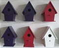 6 Bird boxes in different colors hang on white background