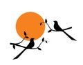 Birds couple silhouette on branch on sunset, vector. Birds in love, illustration. Wall decals, art decoration, wall artwork Royalty Free Stock Photo