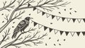 Bird on Branch with Festive Bunting, Rustic Nature Celebration, vector design Generative AI Royalty Free Stock Photo