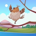 Bird on branch. happy sparrow sing song on tree outdoor cartoon background Royalty Free Stock Photo