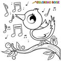 Cute bird singing on a tree branch. Vector black and white coloring page