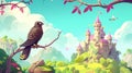 Bird on branches over landscape with pink magic castle on green hill, fairy tale palace with turrets, wild bird on Royalty Free Stock Photo