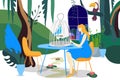 Bird in cage care, vector illustration. Girl people character pay attention to pet, tropical animal on table. Femininity