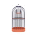 Bird cage. Closed locked empty birdcage. Wired cell house, corded home of round shape, wooden perch. Flat graphic vector