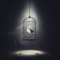 Bird cage empty, bird escape, freedom concept on dark background. ai generative