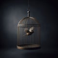 Bird cage empty, bird escape, freedom concept on dark background. ai generative