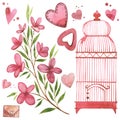 Bird cage with flowers. Watercolor pink set of elements for Valentine`s day. Scrapbook design elements. Typography Royalty Free Stock Photo